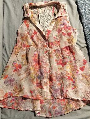 Candie's White Lace Back Floral Tank with Pink Accents